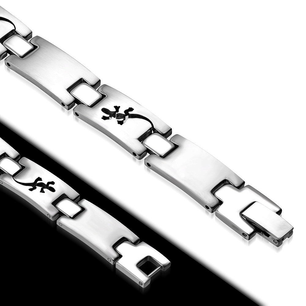 L-21.5cm W-10mm | Stainless Steel Matte Finished Cut-out Spiral Lucky Lizard Panther Link Bracelet