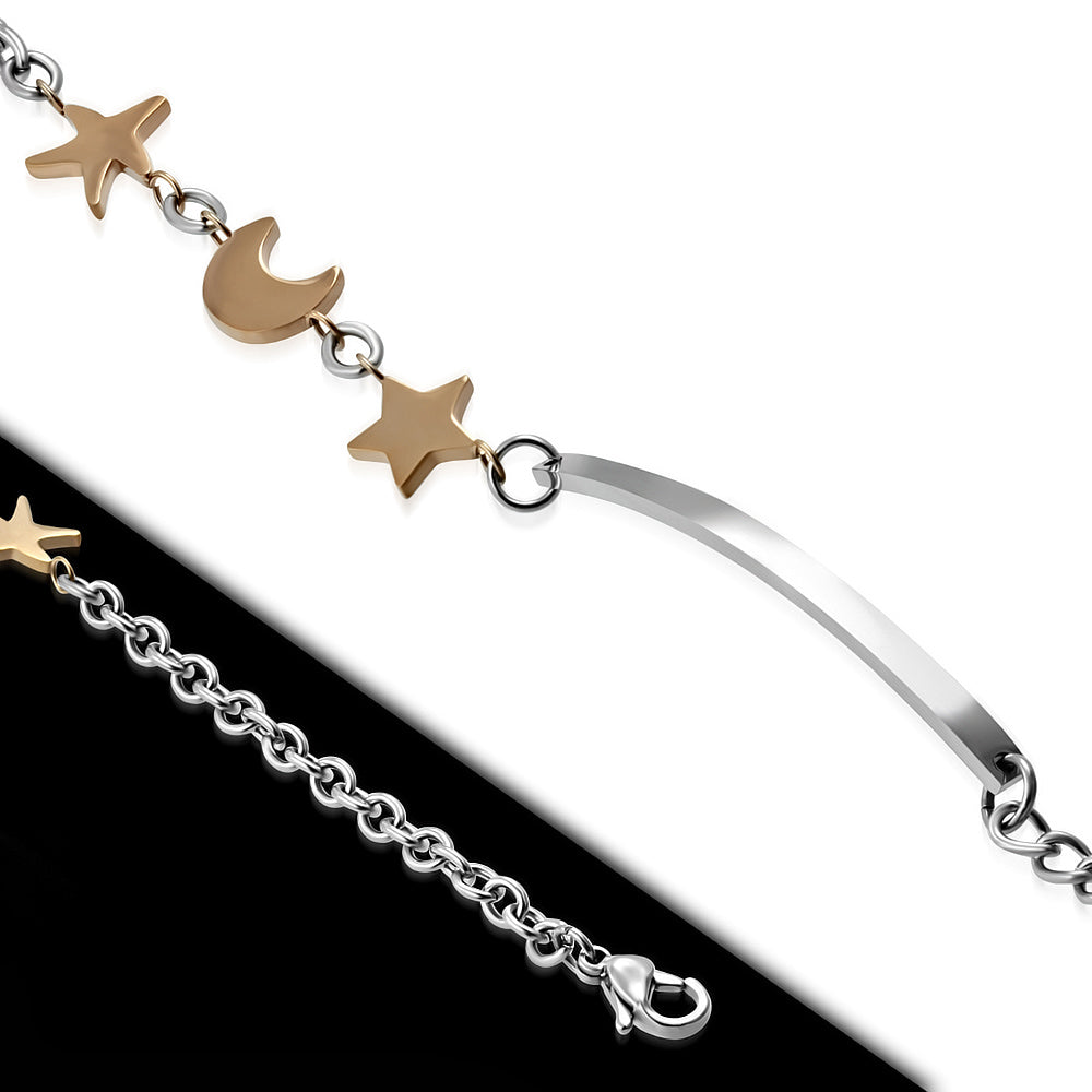 Stainless Steel 2-tone Half-Moon Crescent Star Link Chain Bracelet