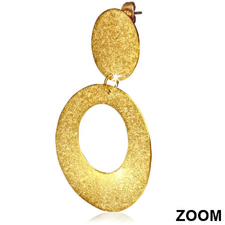 Gold Color Plated Stainless Steel Sandblasted Circle Long Drop Stud Earrings (pair)