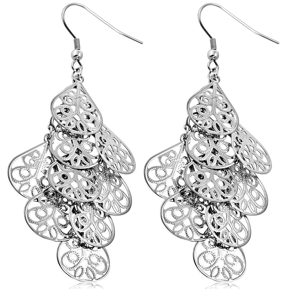 Stainless Steel Filigree Flower Teardrop Hook Earrings (pair)