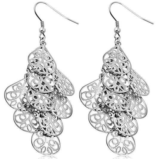 Stainless Steel Filigree Flower Teardrop Hook Earrings (pair)