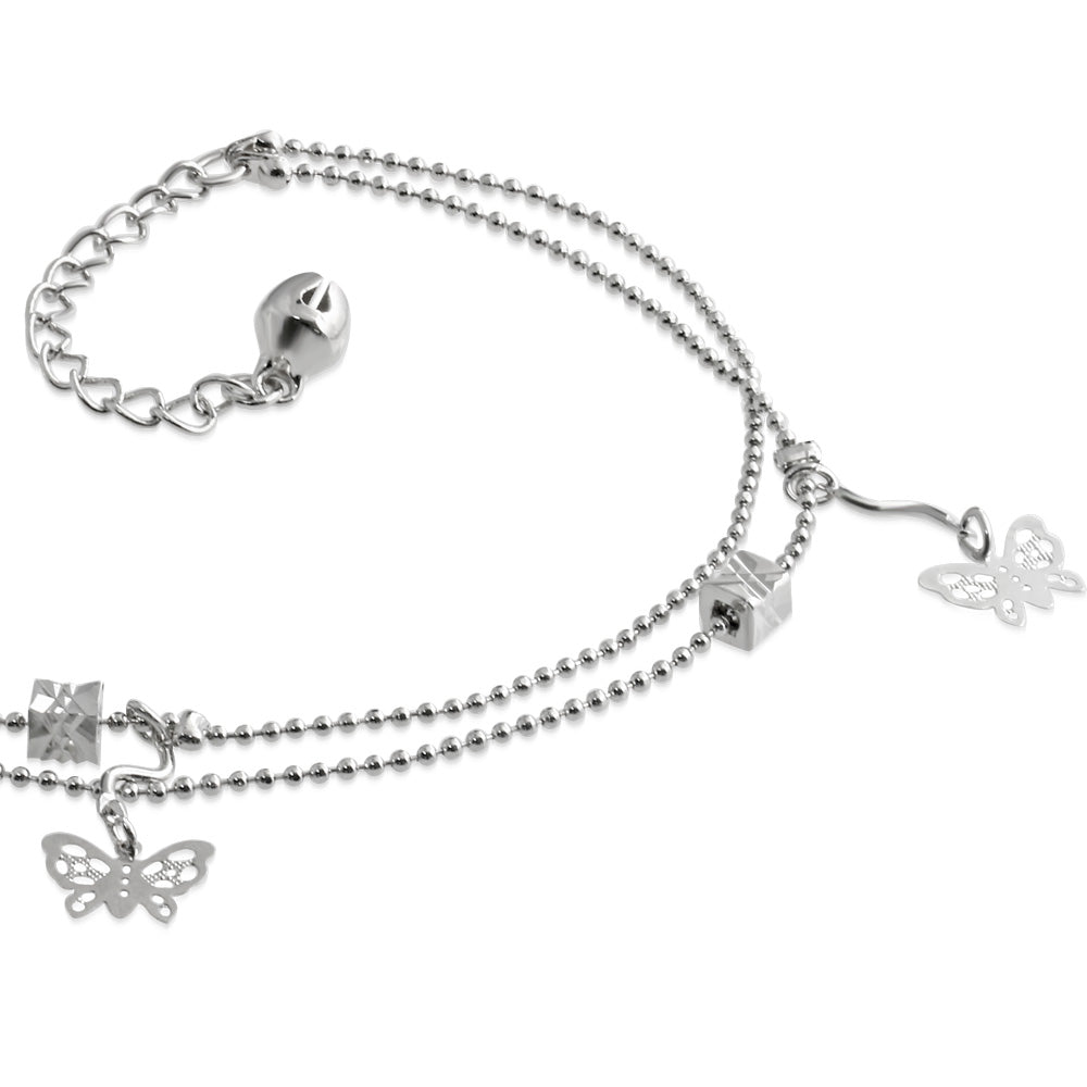 Fashion Alloy Filigree Butterfly Jingle Bell Charm Double Strand Bracelet/ Anklet w/ Extender Chain