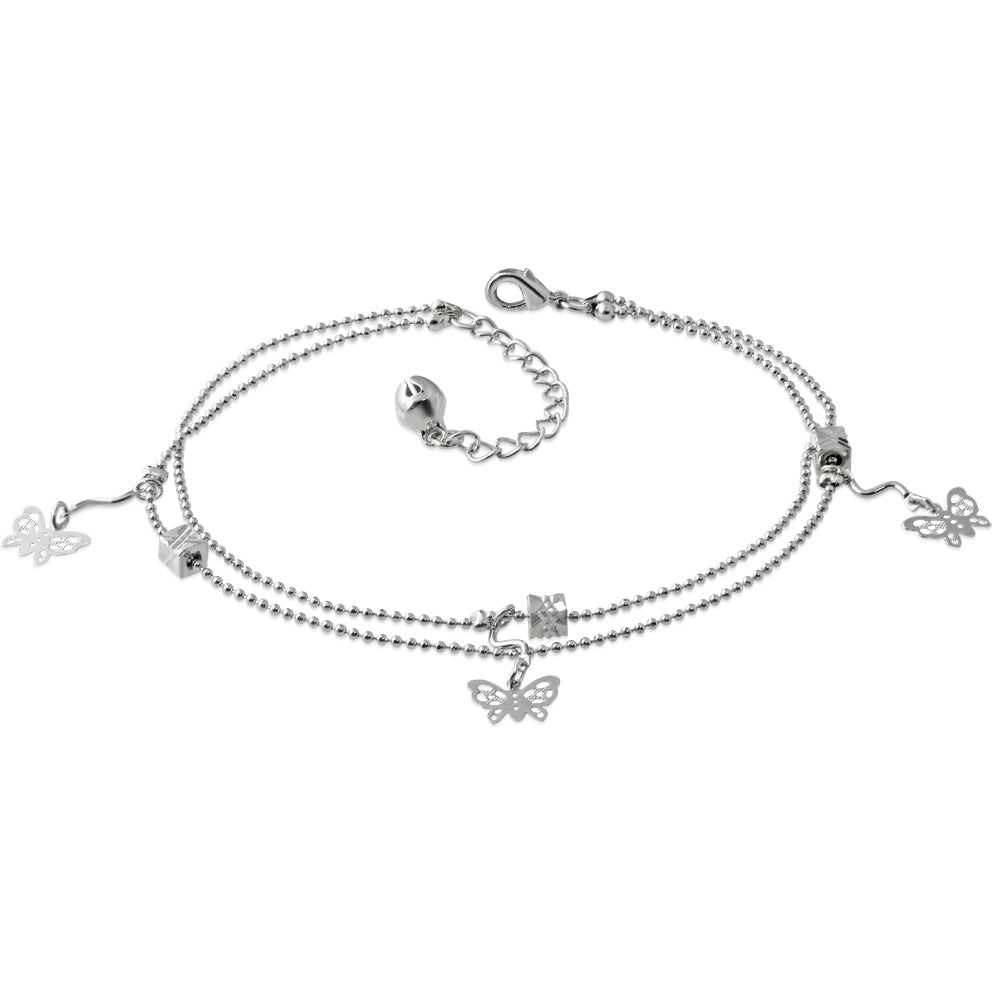 Fashion Alloy Filigree Butterfly Jingle Bell Charm Double Strand Bracelet/ Anklet w/ Extender Chain