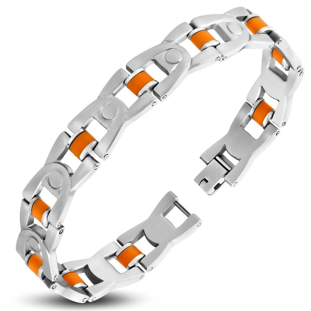 Stainless Steel w/ Orange Rubber Geometric Triangle Mens Link Bracelet