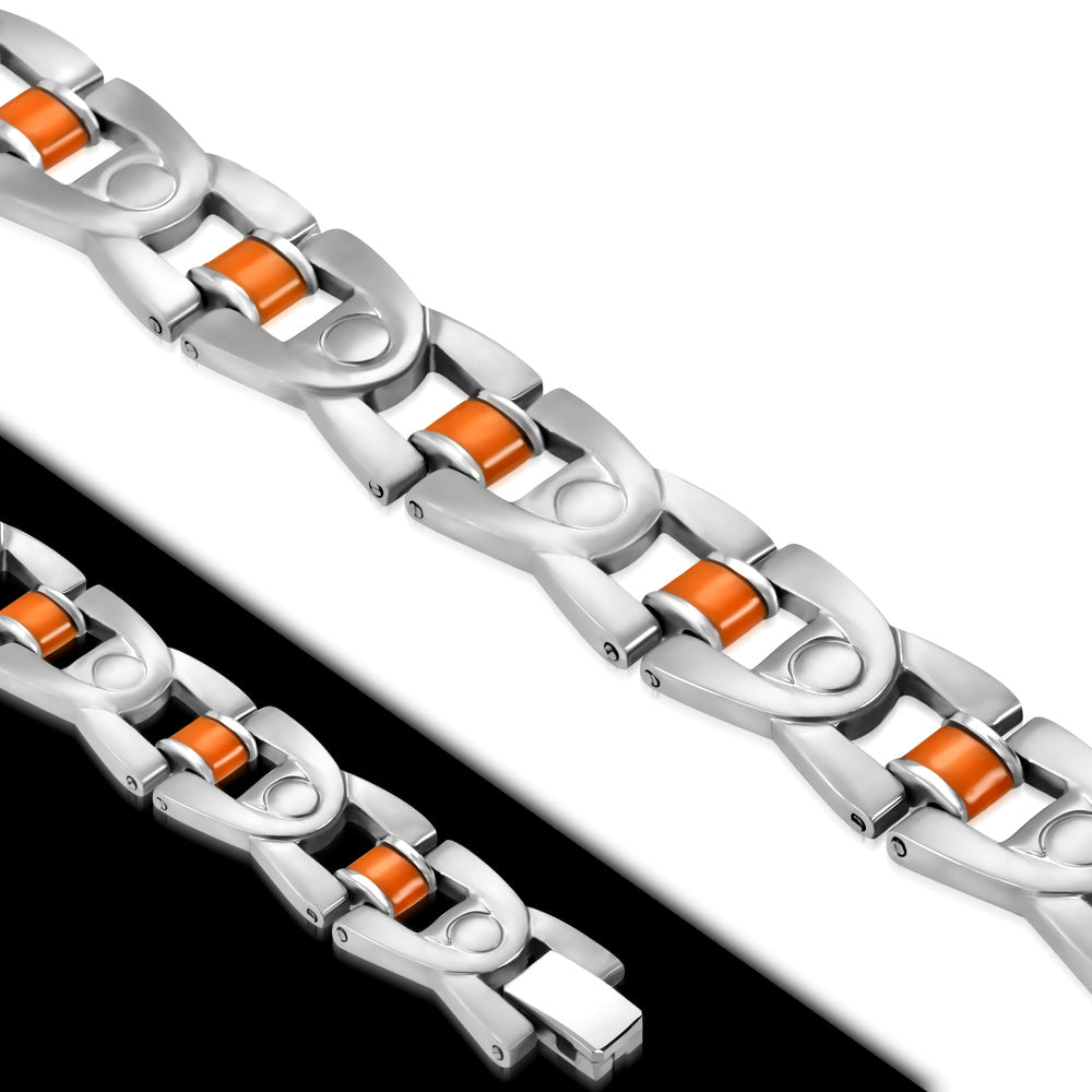 Stainless Steel w/ Orange Rubber Geometric Triangle Mens Link Bracelet