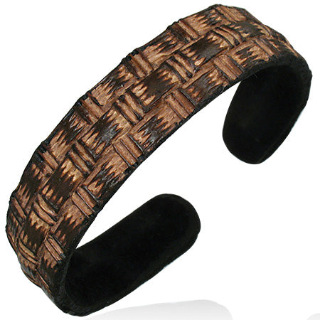 Genuine Leather Engraved Grid Design Cuff Bangle