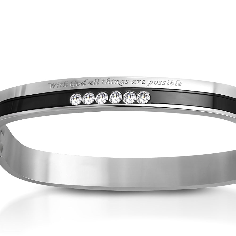 W-6mm | Stainless Steel 2-tone With God All Things Are Possible Monogram Cushion Hinged Bangle w/ Clear CZ