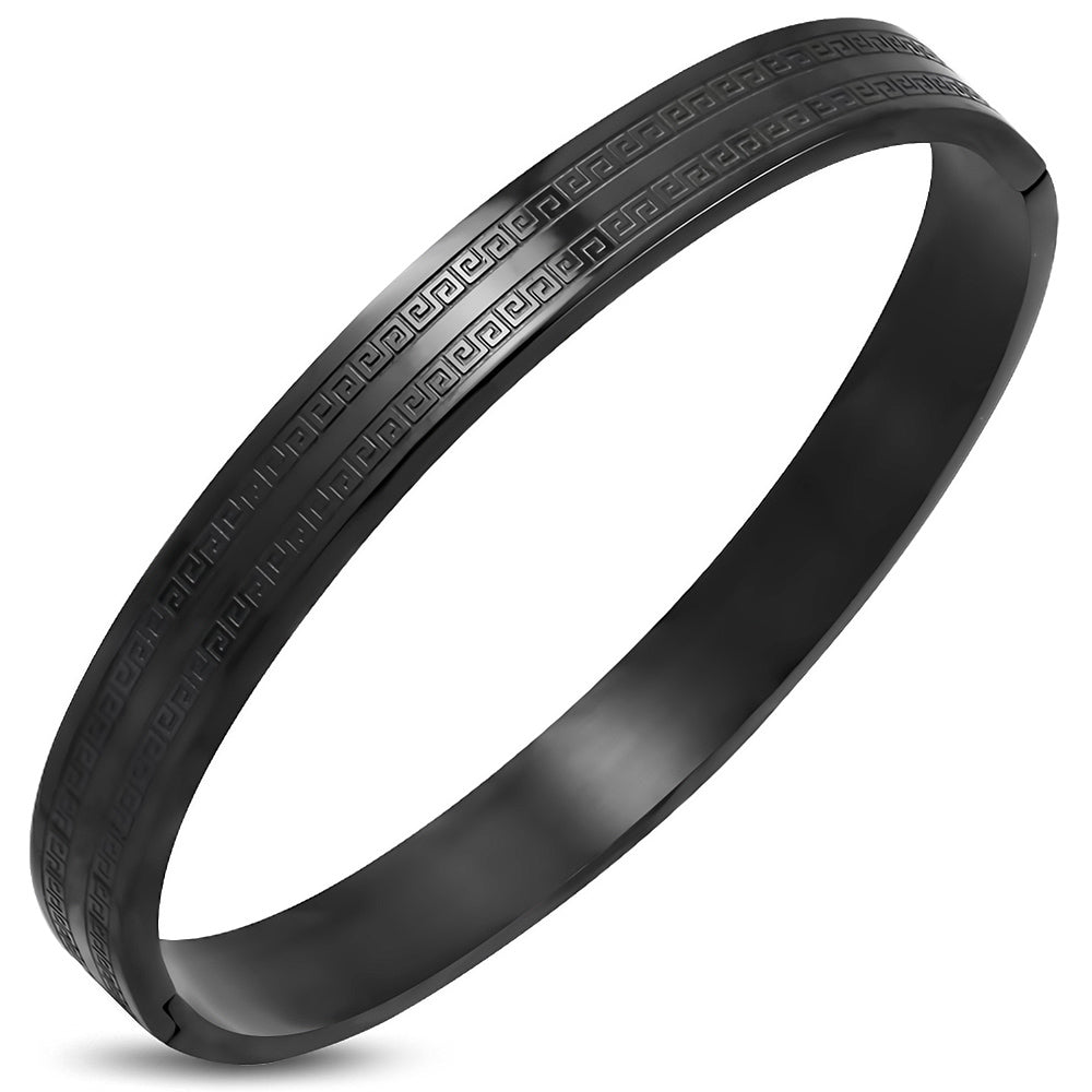 DIA-62mm W-8mm | Black Stainless Steel Greek Key Flat Hinged Bangle