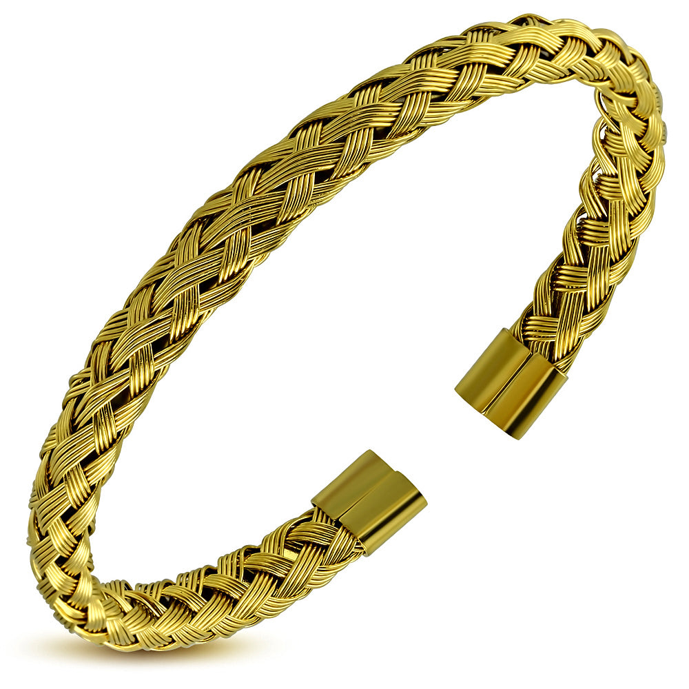 Gold Color Plated Stainless Steel Basket Weave/ Braided Torc Cuff Bangle