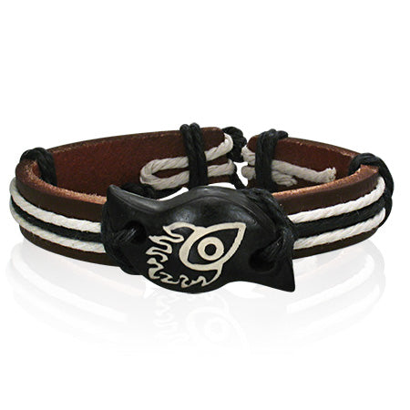Fashion Rope Brown Leather & Bone Flame Evil Eye WatchStyle Bracelet
