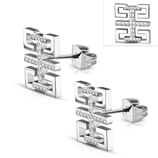 Stainless Steel Greek Key Stud Earrings w/ Clear CZ (pair)