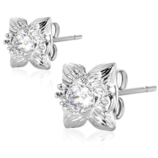 Stainless Steel Star Flower Stud Earrings w/ Clear CZ (pair)