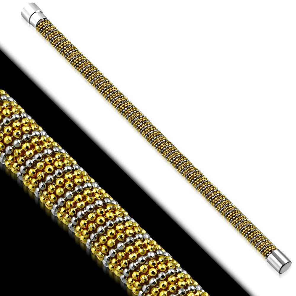 L-20cm W-6mm | Stainless Steel 2-tone Round Mesh Bracelet w/ Magnetic Lock