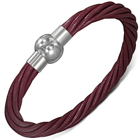 L-21cm W-6mm | Multi Strand Brown Leather Bracelet w/ Stainless Steel Magnetic Lock