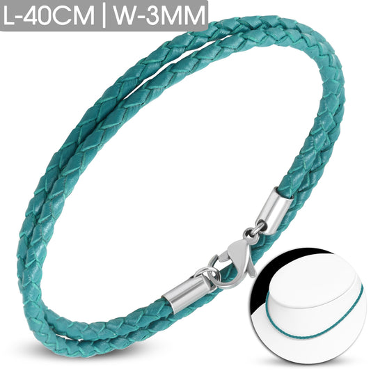 L-40cm W-3mm | Sky Blue Braided Leather Bracelet/ Choker w/ Stainless Steel Lobster Claw Clasp