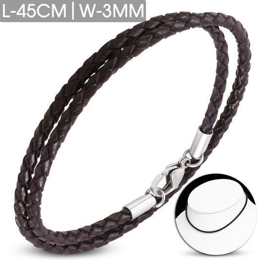 L-45cm W-3mm | Brown Braided Leather Bracelet/ Choker w/ Stainless Steel Lobster Claw Clasp