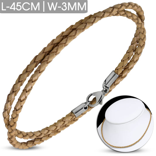 L-45cm W-3mm | Brown Braided Leather Bracelet/ Choker w/ Stainless Steel Lobster Claw Clasp Lock