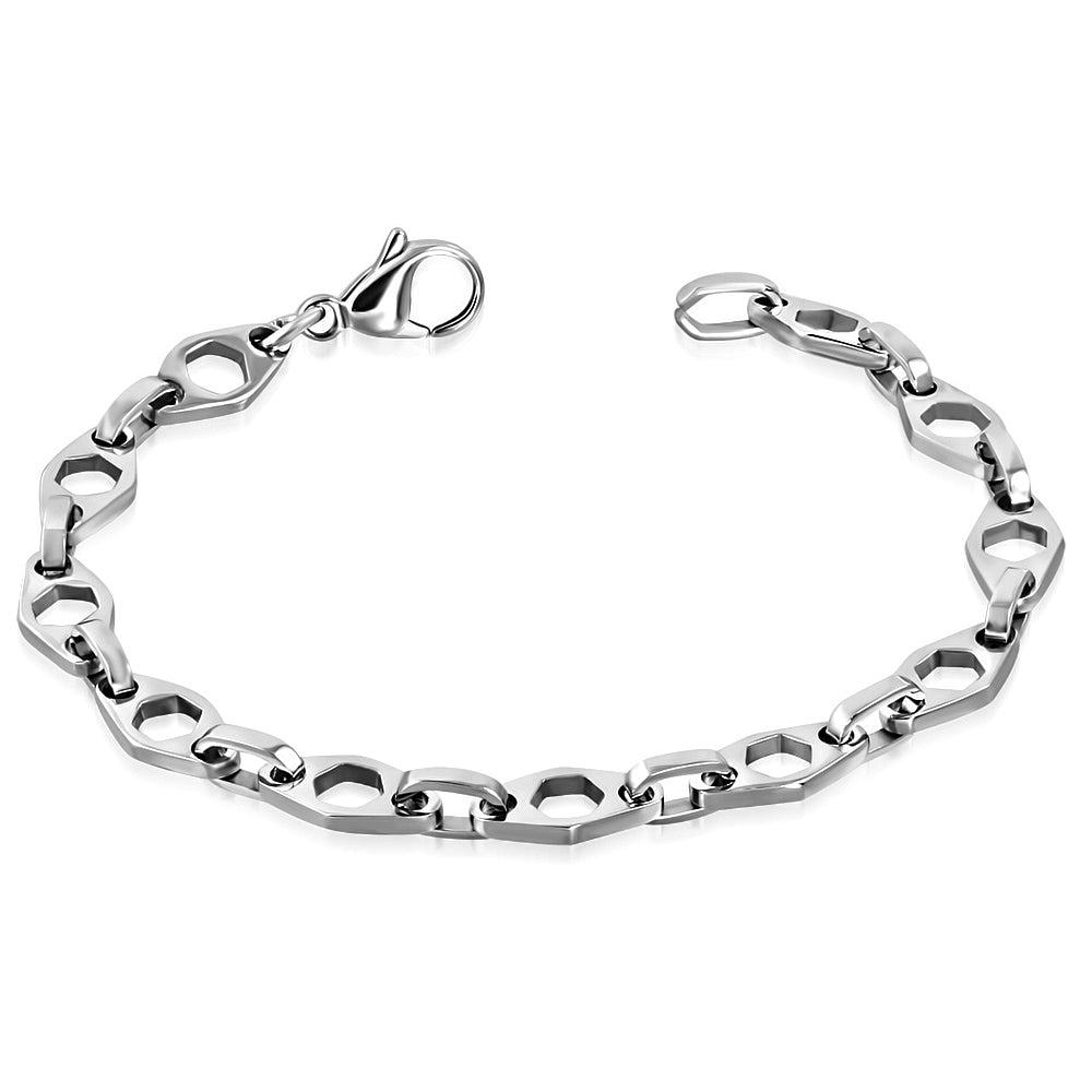 Stainless Steel Lobster Claw Clasp Closure Cut-out Hexagon Oval Link Bracelet