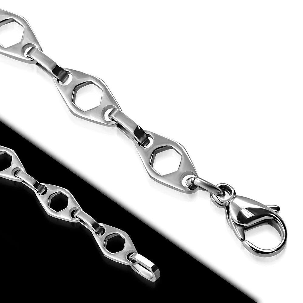 Stainless Steel Lobster Claw Clasp Closure Cut-out Hexagon Oval Link Bracelet