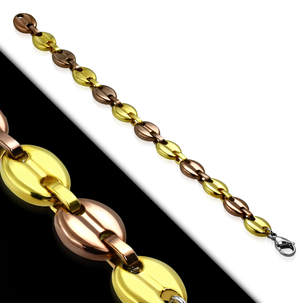 L-19cm W-10mm | Stainless Steel 3-tone Grooved Oval Link Bracelet