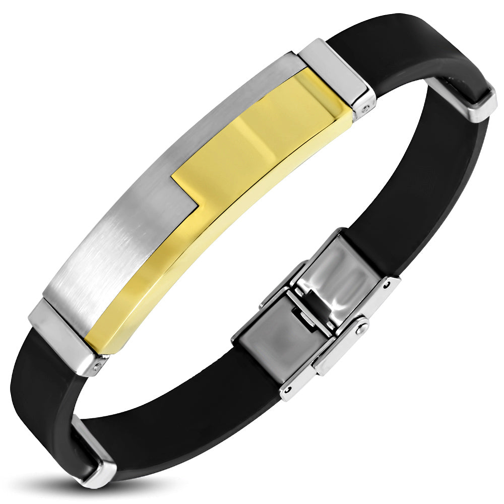 Black Rubber Bracelet w/ Stainless Steel 3-tone Jigsaw Watch-Style