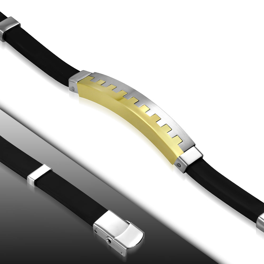 Black Rubber Bracelet w/ Stainless Steel 3-tone Jigsaw Watch-Style