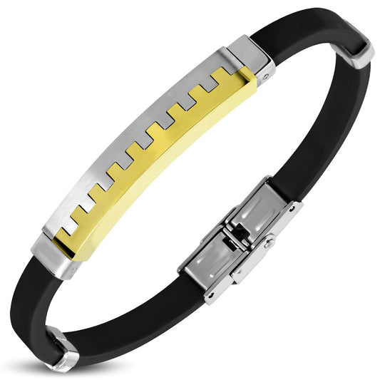 Black Rubber Bracelet w/ Stainless Steel 3-tone Jigsaw Watch-Style