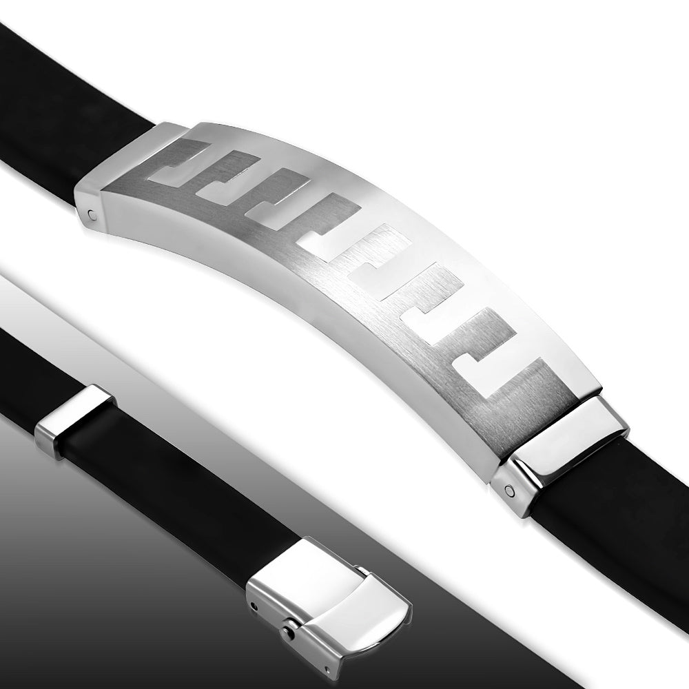 Black Rubber Bracelet w/ Stainless Steel 2-tone Jigsaw Watch-Style