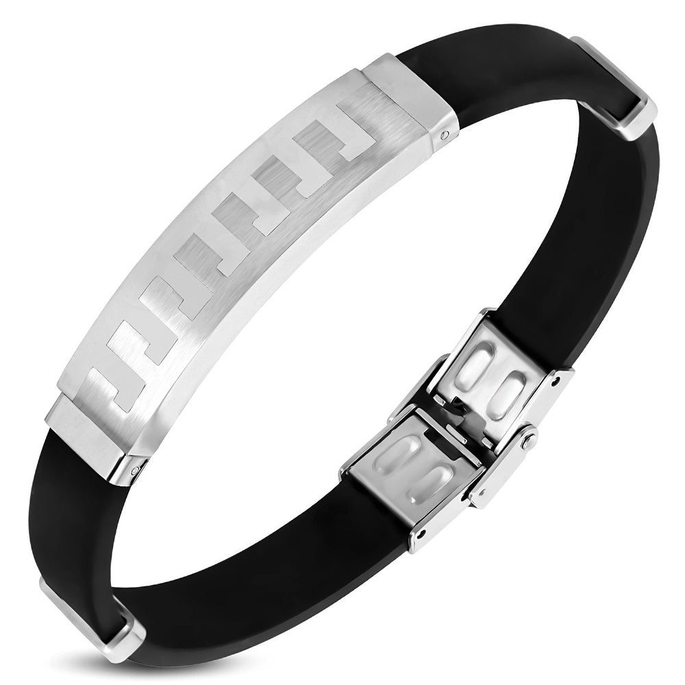 Black Rubber Bracelet w/ Stainless Steel 2-tone Jigsaw Watch-Style