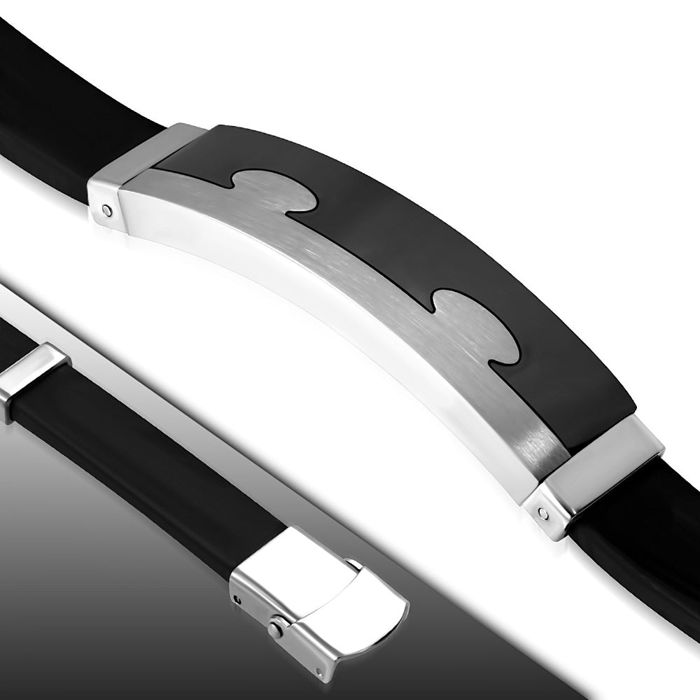 Black Rubber Bracelet w/ Stainless Steel 2-tone Jigsaw Watch-Style