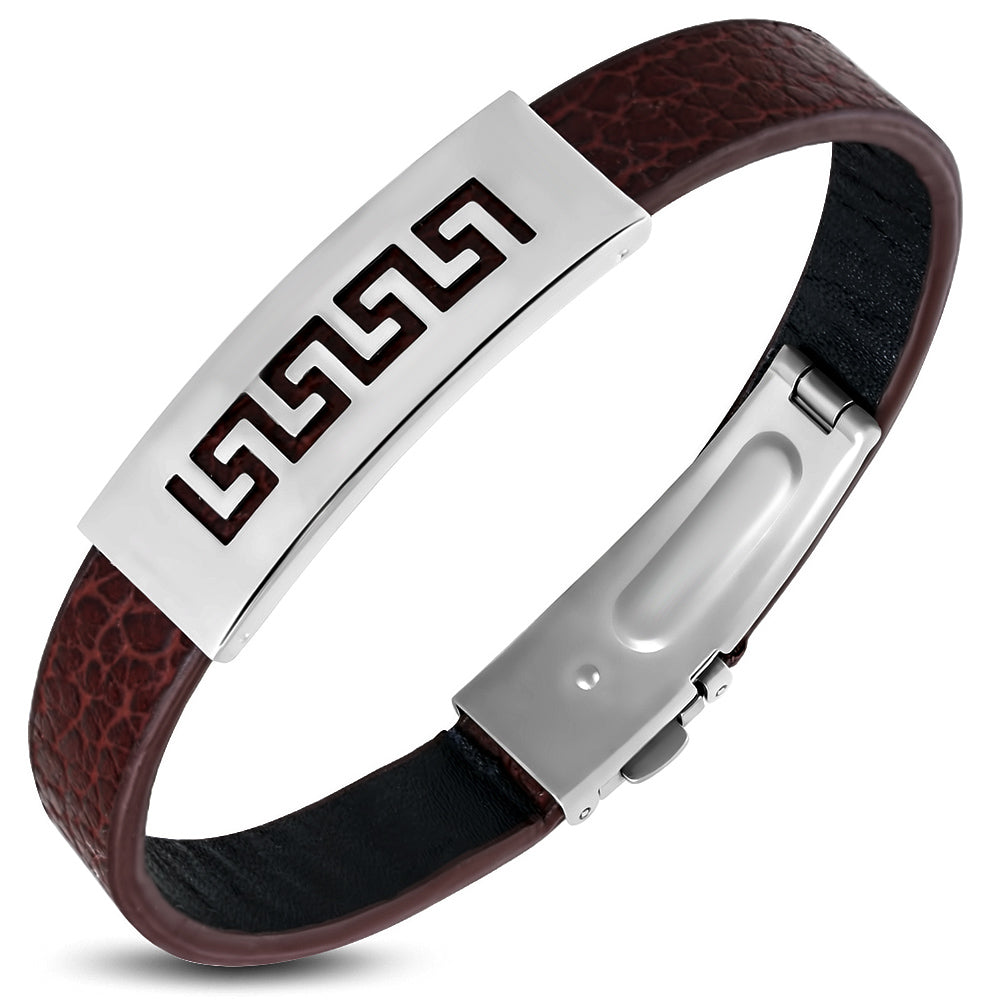 Brown PU Leather Bracelet w/ Stainless Steel Cut-out Greek Key Watch-Style