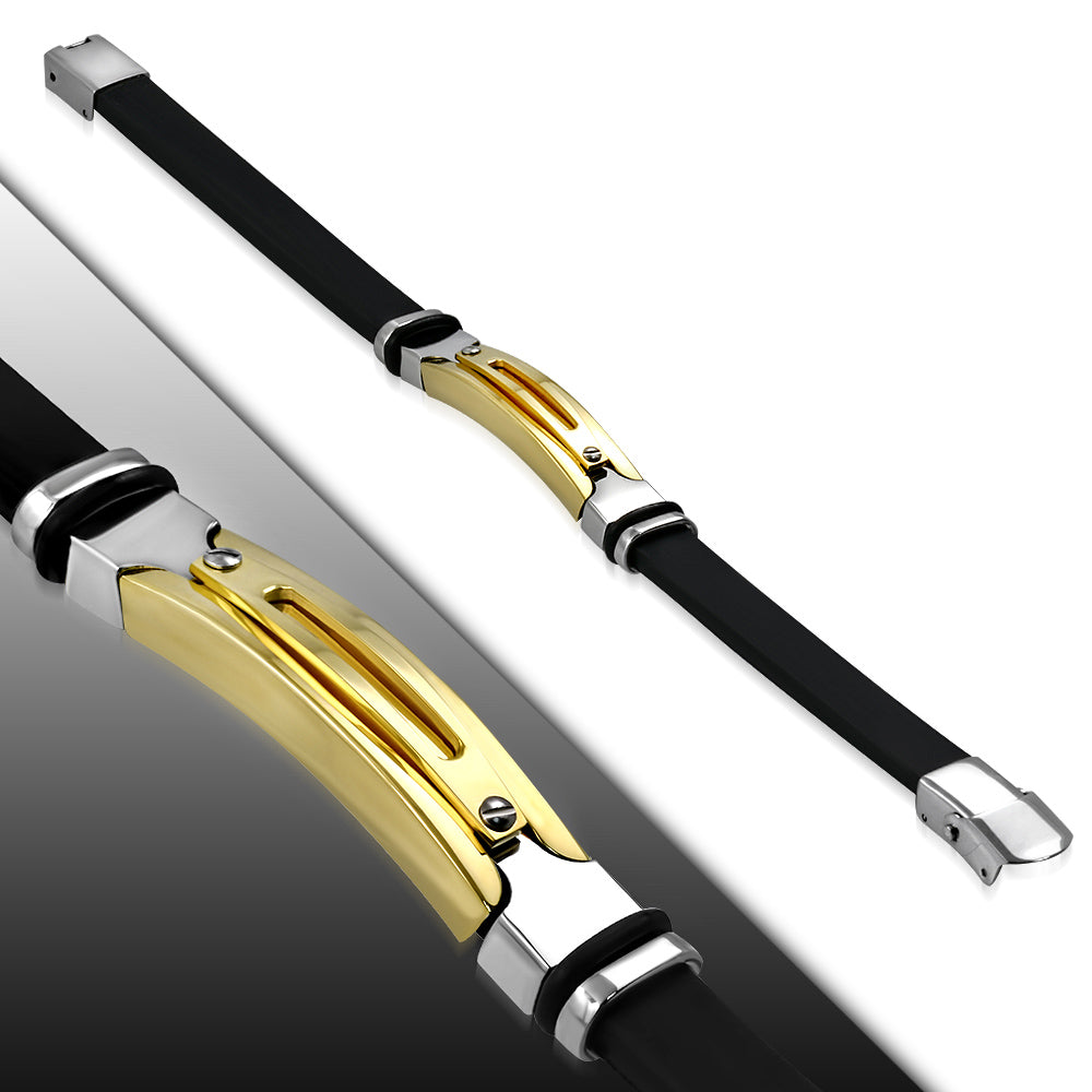 Black Rubber Bracelet w/ Stainless Steel 3-tone Cut-out Oval Screw Watch-Style