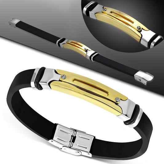 Black Rubber Bracelet w/ Stainless Steel 3-tone Cut-out Oval Screw Watch-Style