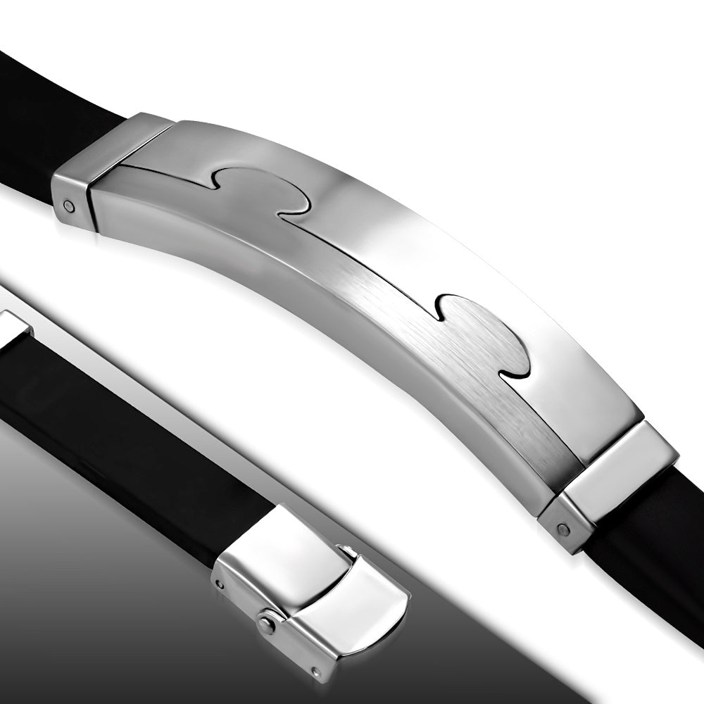 Black Rubber Bracelet w/ Stainless Steel 2-tone Jigsaw Watch-Style