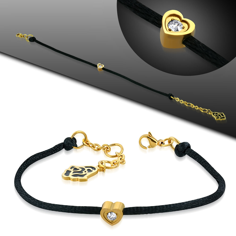 Black String Cord Bracelet w/ Rose/ Pink Gold Color Plated Stainless Steel Love Heart Link Enameled Rose Flower Charm w/ Clear CZ