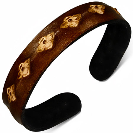 Genuine Brown Leather Engraved Flower Link Cuff Bangle