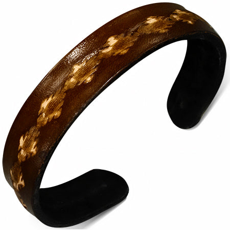 Genuine Brown Leather Engraved Flower Link Cuff Bangle