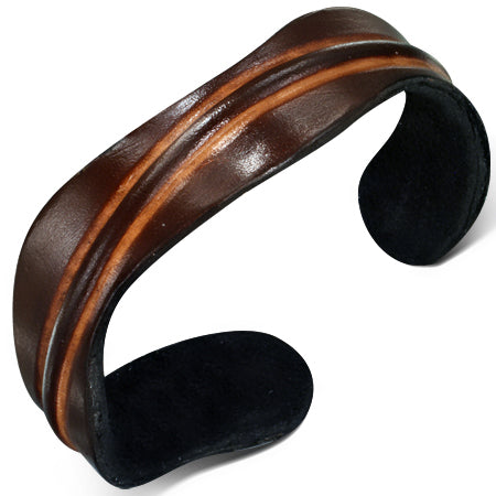 Genuine Brown Leather Ribbed Cuff Bangle