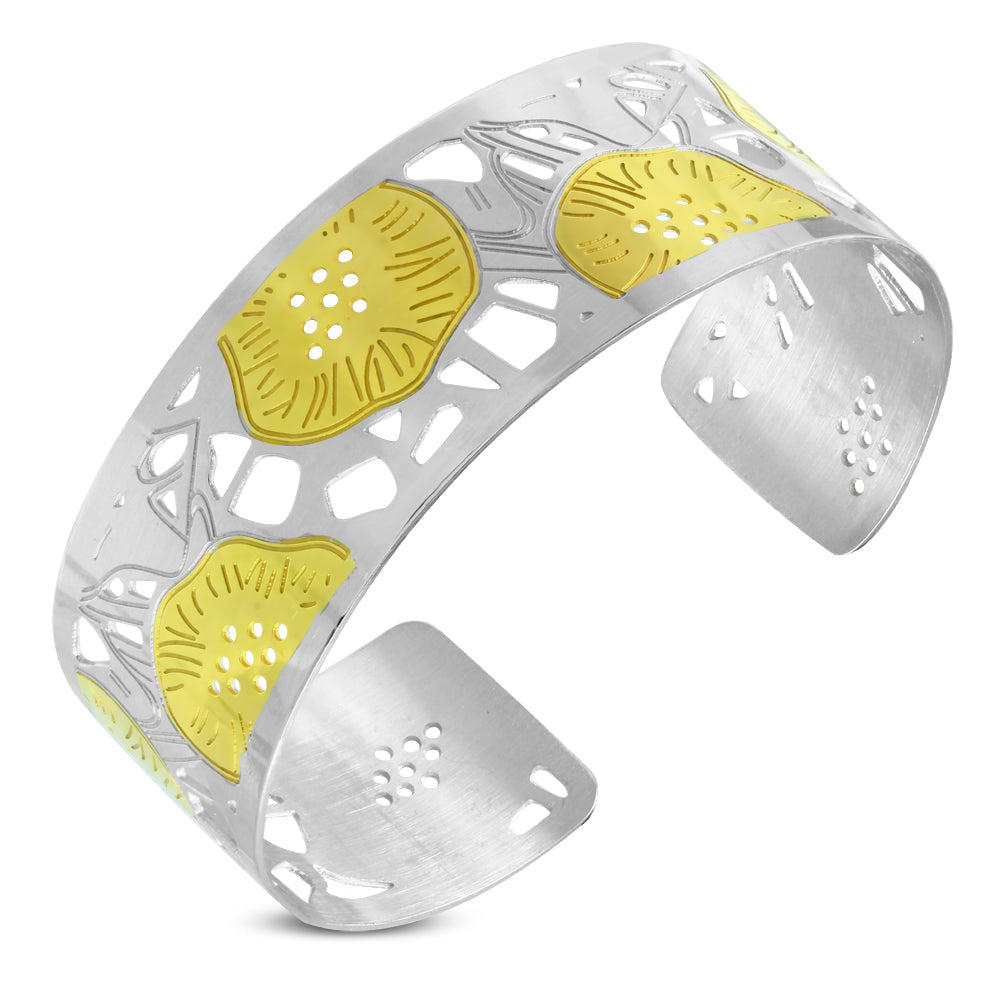 Stainless Steel 2-tone Cut-out Lotus Leaf Cuff Bangle