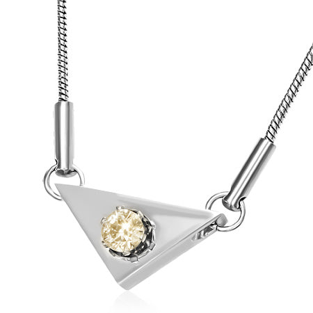Stainless Steel Prong-Set Circle Triangle Charm Chain Necklace w/ Topaz CZ