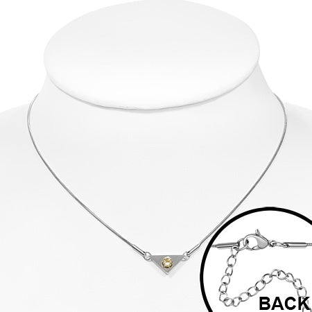 Stainless Steel Prong-Set Circle Triangle Charm Chain Necklace w/ Topaz CZ