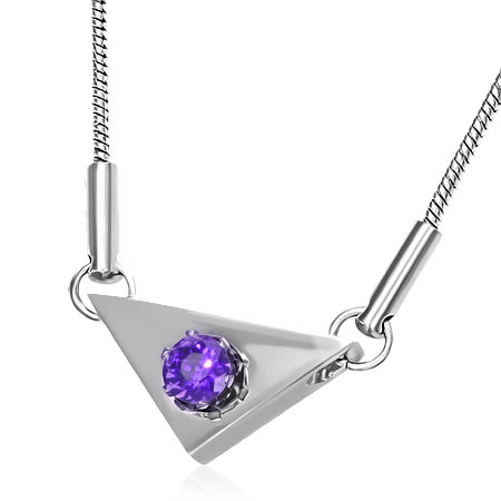 Stainless Steel Prong-Set Circle Triangle Charm Chain Necklace w/ Amethyst CZ