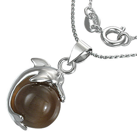 Fashion Alloy Dolphin Spinning Ball Charm Chain Necklace w/ Dark Brown Cats Eyes Stone