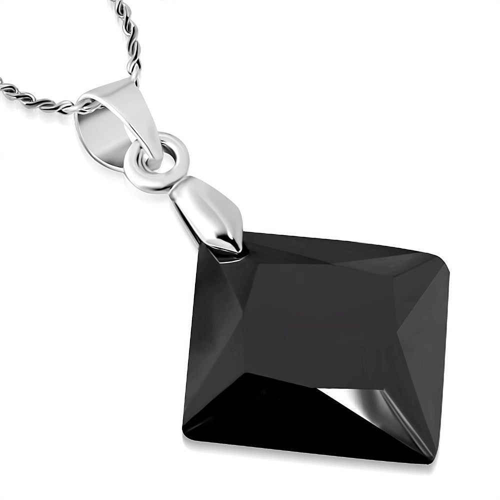 Fashion Alloy Crystal Square Charm Chain Necklace w/ Jet Black CZ