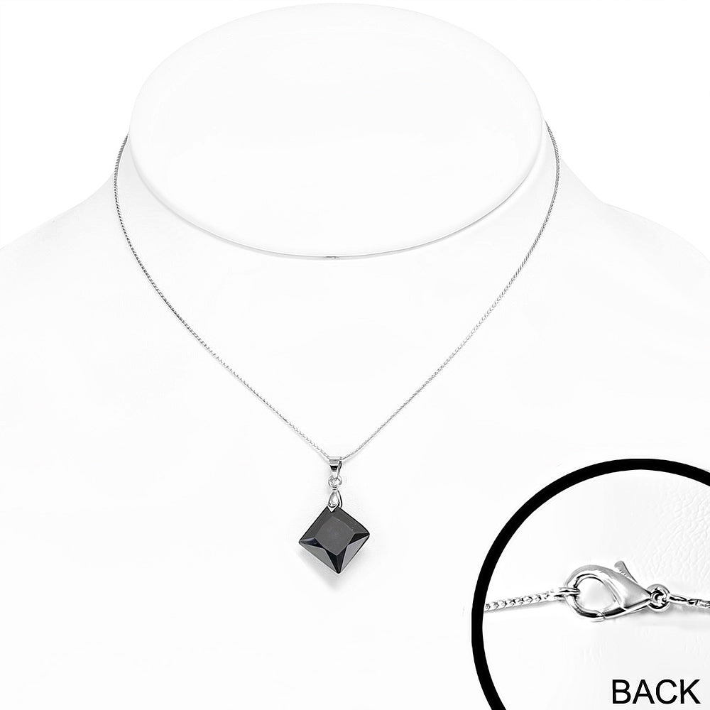 Fashion Alloy Crystal Square Charm Chain Necklace w/ Jet Black CZ