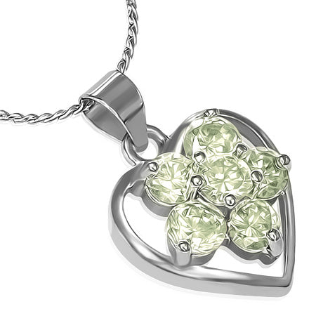 Fashion Alloy Crystal Flower Love Heart Charm Chain Necklace w/ Peridot CZ