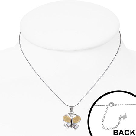 Fashion Alloy Crystal Teardrop Butterfly Charm Chain Necklace w/ Clear & Topaz CZ