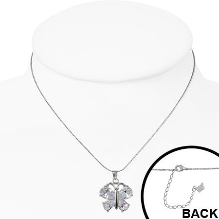 Fashion Alloy Crystal Teardrop Butterfly Charm Chain Necklace w/ Clear CZ