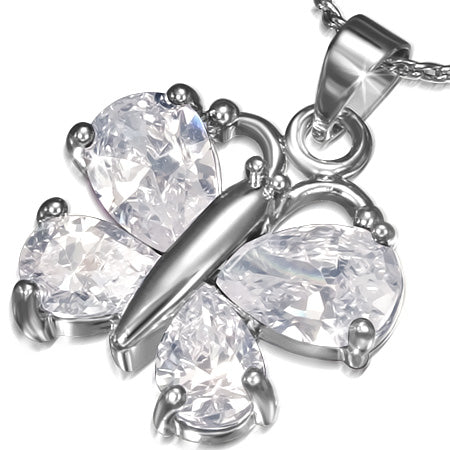 Fashion Alloy Crystal Teardrop Butterfly Charm Chain Necklace w/ Clear CZ