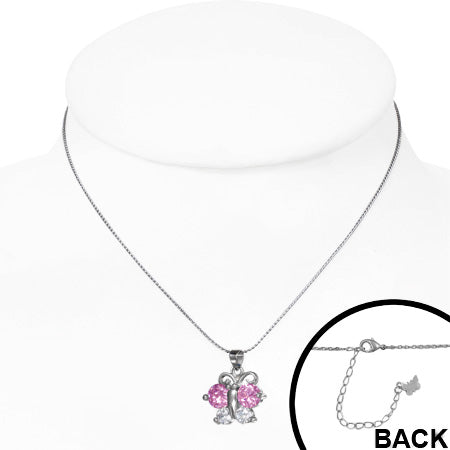Fashion Alloy Crystal Round Circle Butterfly Charm Chain Necklace w/ Clear & Rose Pink CZ